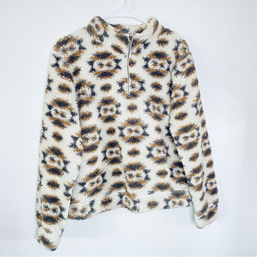 Mentally Exhausted Boho Half Zip Aztec Fuzzy Sherpa Pullover Sweater Large